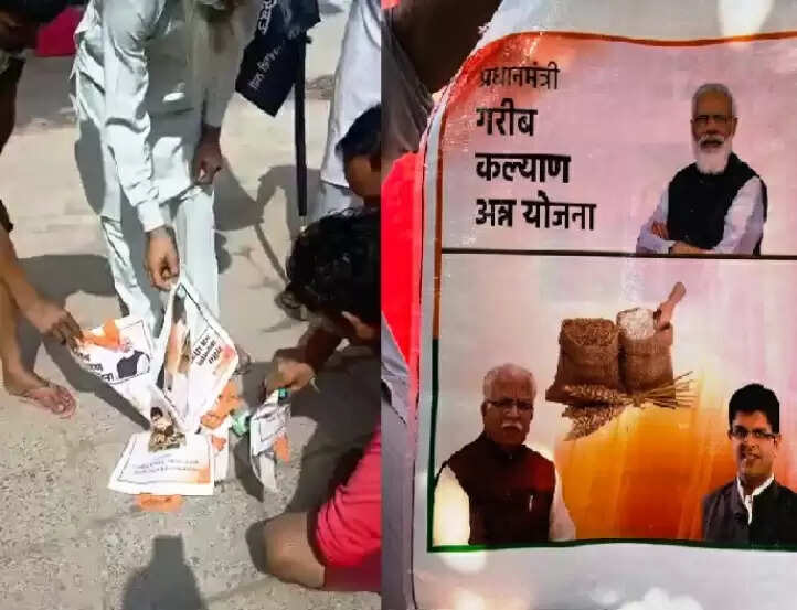 अनाज के बहाने प्रचार का असर उल्टा – खट्टर, दुष्यंत और मोदी के चेहरे लगे थैलों को आग लगा कर विरोध – किसान आंदोलन