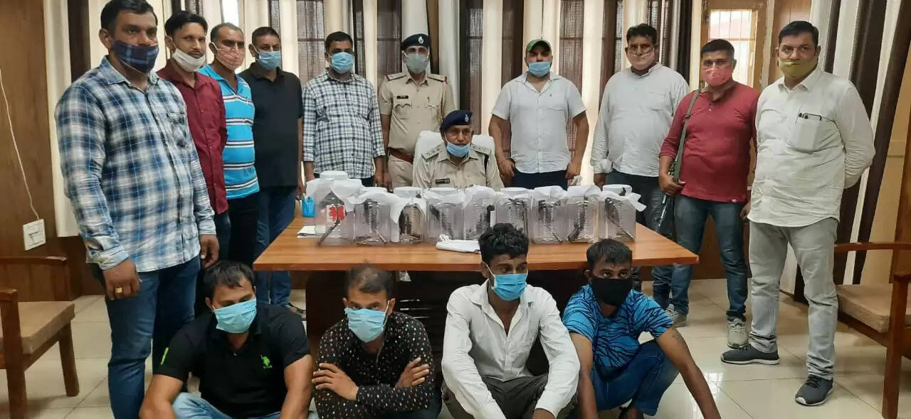 लूट के इरादे से पुलिस की गाड़ी को रोका, चार गिरफ्तार और दस हथियार बरामद