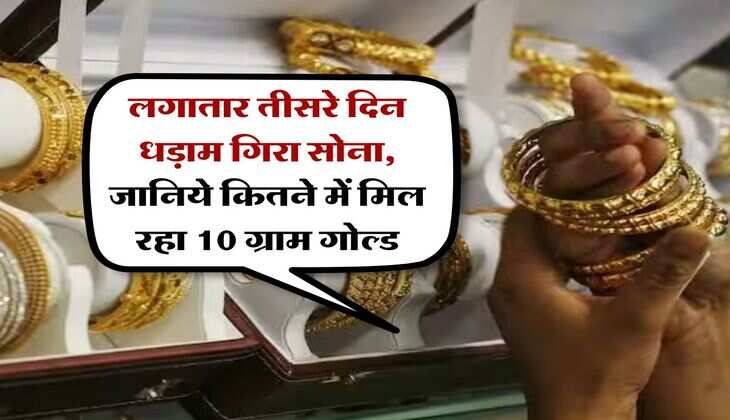 Gold Rate : लगातार तीसरे दिन धड़ाम गिरा सोना, जानिये कितने में मिल रहा 10 ग्राम गोल्ड