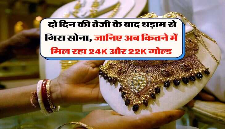 Gold Rate : दो द&zwj;िन की तेजी के बाद धड़ाम से गिरा सोना, जानिए अब कितने में मिल रहा 24K और 22K गोल्ड