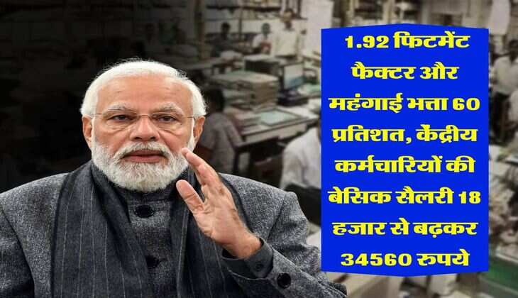 salary hike : 1.92 फिटमेंट फैक्टर और महंगाई भत्ता 60 प्रतिशत, केंद्रीय कर्मचारियों की बेसिक सैलरी 18 हजार से बढ़कर 34560 रुपये