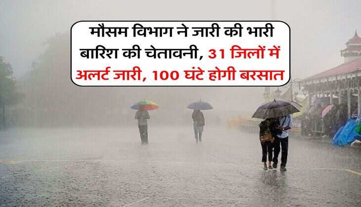 Weather Alert : मौसम विभाग ने जारी की भारी बारिश की चेतावनी, 31 जिलों में अलर्ट जारी, 100 घंटे होगी बरसात